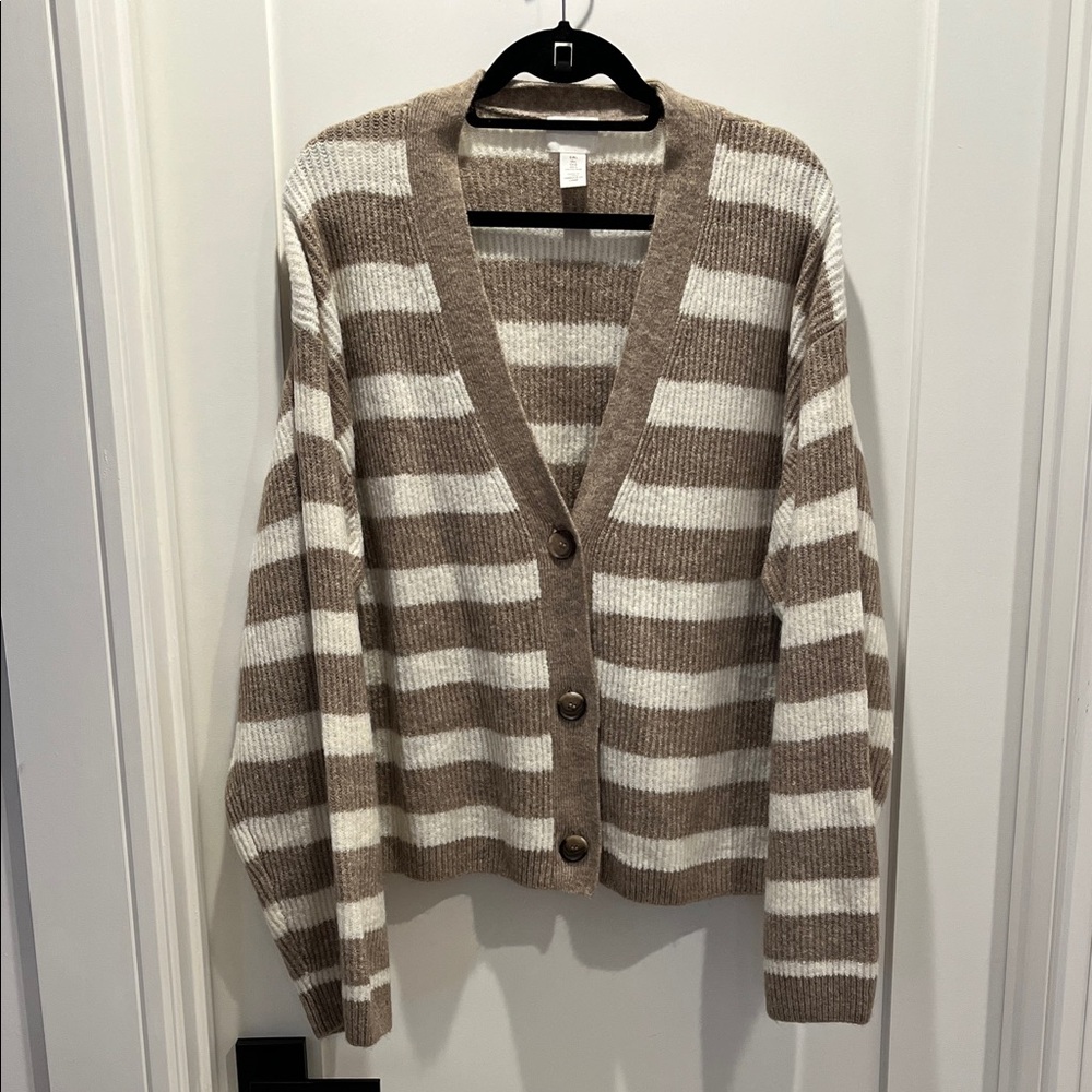 H&M Striped Tan and White Women's Cardigan Sweater